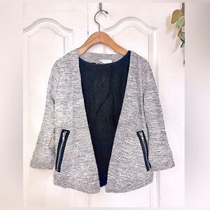Gray Contrast Knit Point Hem Blazer Cardigan & Black Lace Short Sleeve Top